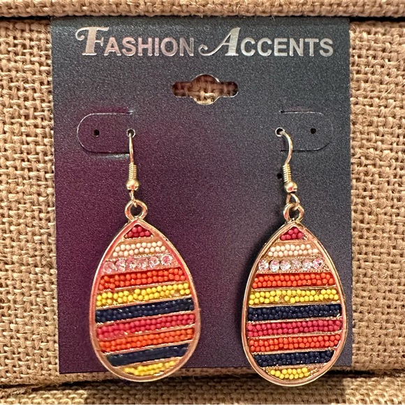NWT Fashion Accents Earrings dangle gold w/ multicolored seed beads & crystals - Picture 2 of 8
